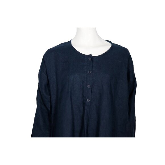 Flax Women's Size Medium Navy Blue Tunic Linen 4 Button Blouse Long Sleeve Shirt - Picture 2 of 9